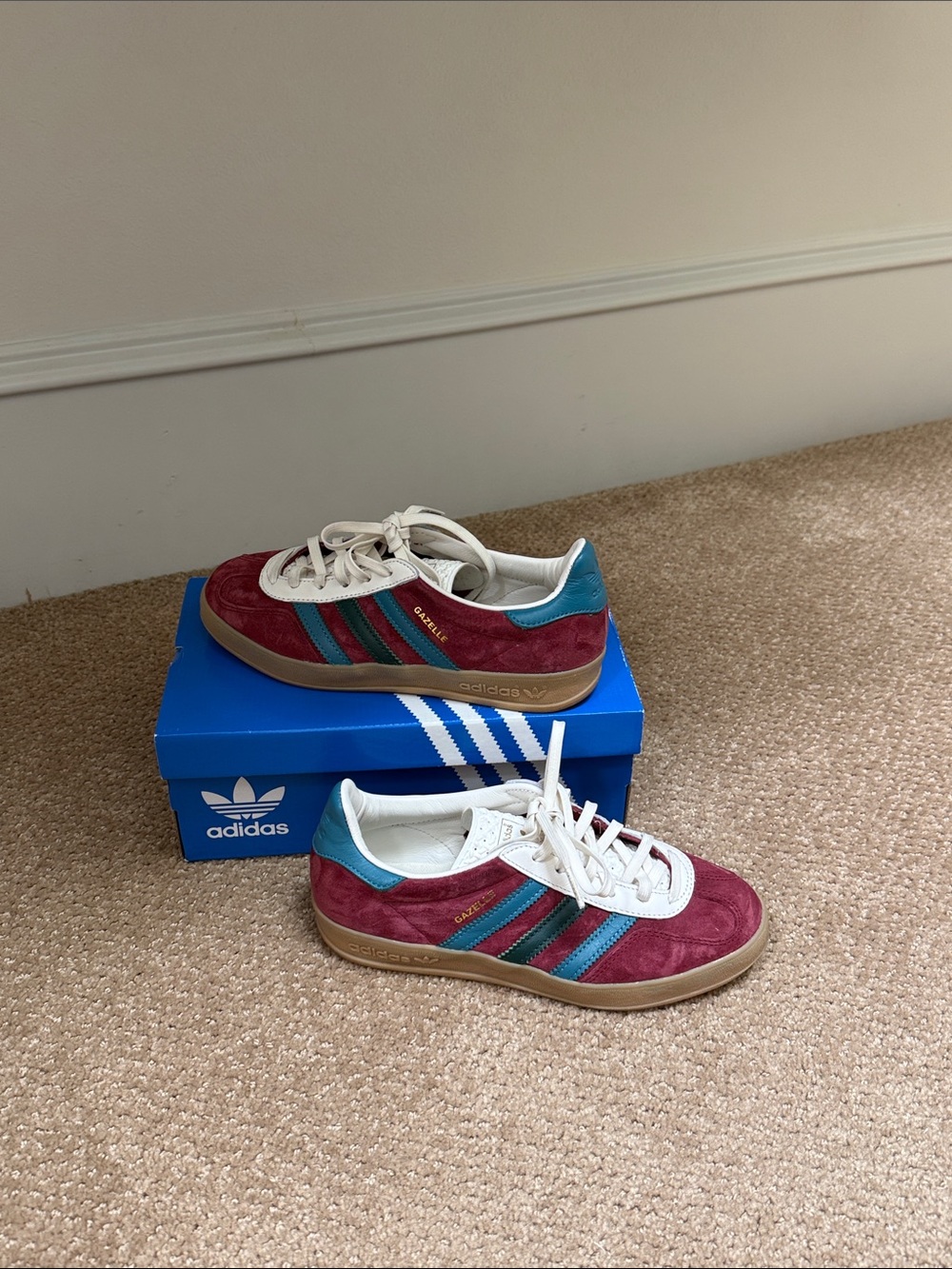 adidas Gazelle Women’s Sneakers in Burgundy with Teal and White